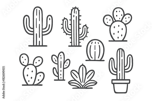 Minimalist outline icons set featuring various desert cactus and succulent plants