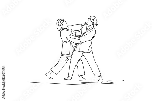 Single one line drawing two women are locked in a close-quarters grapple for collar and sleeve. Strategic and focused intensity of Judo combat. Continuous line draw design graphic vector illustration