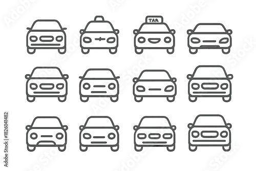 Front view vehicle and taxi outline symbols for digital interface and mobility concepts