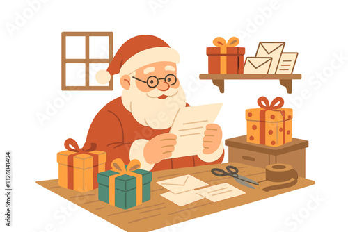 Jolly Santa Claus reading a wish list letter while sitting at his desk surrounded by holiday gifts and mail