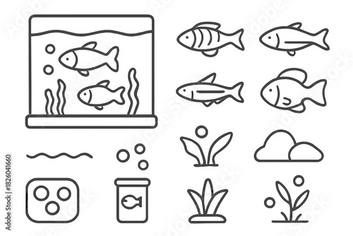 Minimalist line art of fish tank, aquatic plants, and pet fish care elements