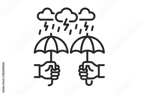 Pair of hands holding open umbrellas during a severe rainstorm with lightning and dark clouds