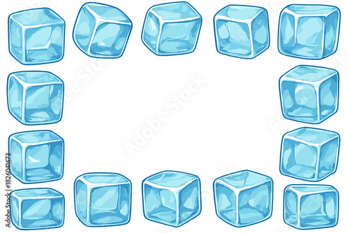 Decorative frame border made of blue ice cubes on a clean white background