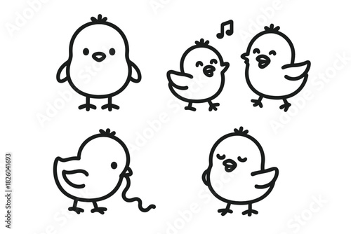 Five adorable cartoon baby chicks in various poses and emotions on white background