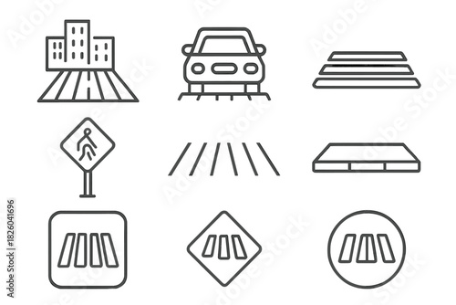 City traffic and road safety elements including crosswalks, speed bumps, and pedestrian signs