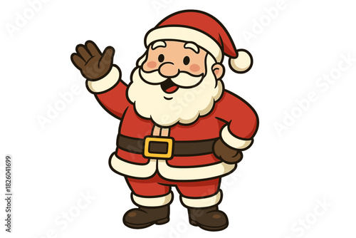 Cheerful Santa Claus character waving hello in traditional red suit and hat