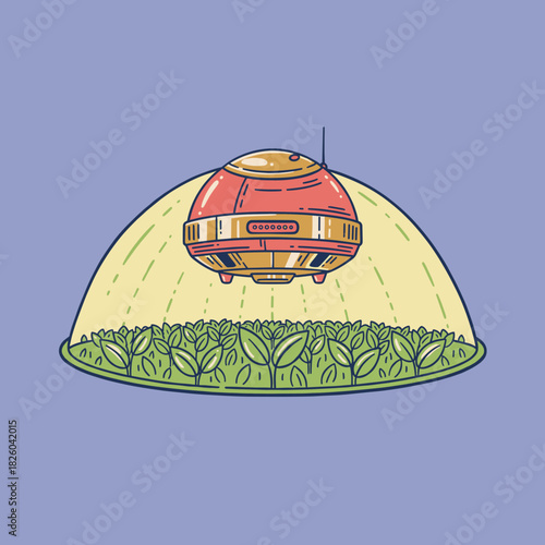 Retro UFO over crops.Alien spaceship agriculture.Flying saucer farm beam.Cute vector alien device.Science fiction plant care