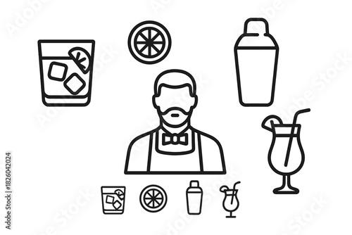 Bartender making cocktails with shaker, glasses, and citrus garnish equipment