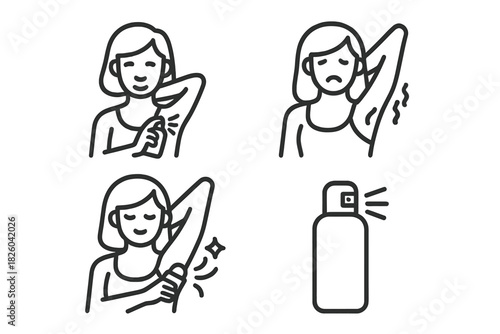 Woman applying antiperspirant spray to underarm area for personal hygiene routine