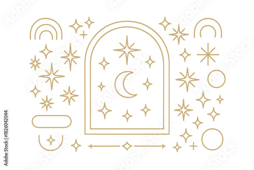 Mystical celestial line art elements featuring crescent moon, stars, and geometric shapes