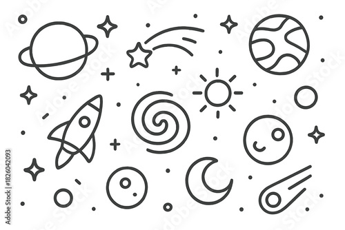 Minimalist line art icons of space, astronomy, celestial bodies, and spacecraft symbols
