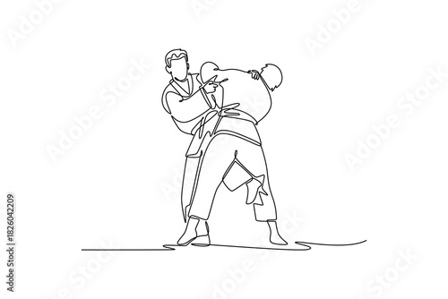 Single one line drawing two men are locked in close-quarters grapple with one executing hip throw setup. Dynamic technique and strength of Judo. Continuous line draw design graphic vector illustration
