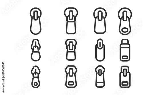 Twelve different zipper puller and slider elements for fashion and textile design
