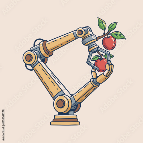 Robot arm picking apple.Automation and harvest concept.Tech meets nature illustration.Industrial manipulator logo.Vintage style farming robot