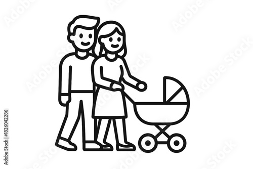 A happy young couple walking together and pushing a baby stroller pram