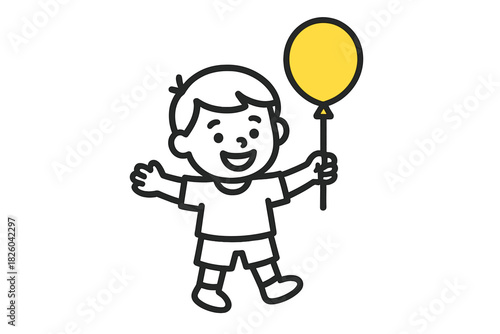 Happy little boy holding a bright yellow balloon smiling widely with open arms