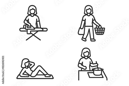Woman performing daily routine activities: ironing, grocery shopping, cooking, and resting