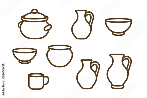 Outline icons set of traditional ceramic pottery and kitchen tableware items