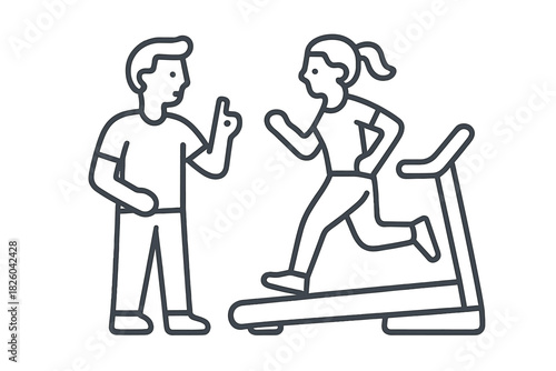 Professional fitness coach advising young woman running on a gym treadmill during workout session