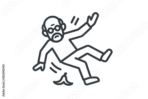 Senior man slipping on a banana peel resulting in a dangerous fall accident