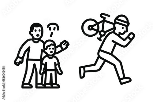 Confused father and child witnessing a thief running away with a stolen bicycle