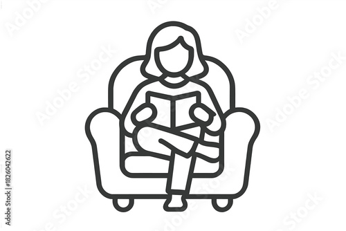 Minimalist depiction of a person sitting cross-legged in an armchair reading a book