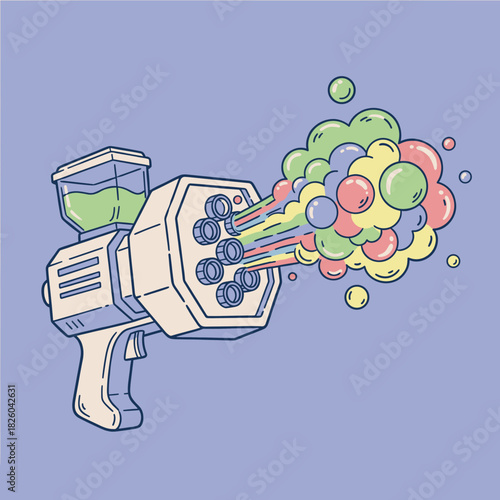 Cute bubble blaster toy.Colorful vector bubble gun.Automatic soap bubble machine.Fun summer toy illustration.Outline art bubble blower