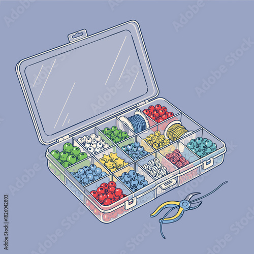 Jewelry Making Kit Vector.Craft Beads Organizer Box.Colorful Hobby Supplies.DIY Beadwork Illustration.Tools and Thread Spools