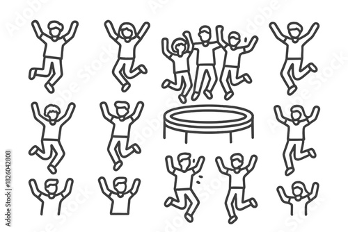 Collection of jumping people icons and trampoline symbol representing energy and celebration
