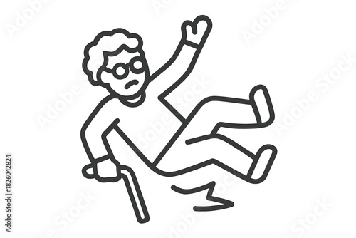 Older adult falling down after slipping while using a walking stick