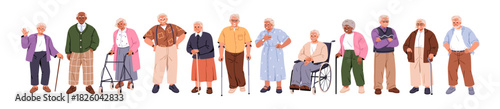 Elderly people set. Gray-haired senior aged men and women with cane, walker and wheelchair. Happy old retired male and female characters. Flat vector illustration isolated on white background