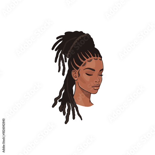 Illustration of a beautiful dark-skinned woman with braided hair styled in a high ponytail, eyes closed, against a white background.