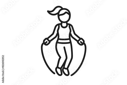 Simple black line art icon depicting a woman performing a jumping rope exercise for fitness and cardio training
