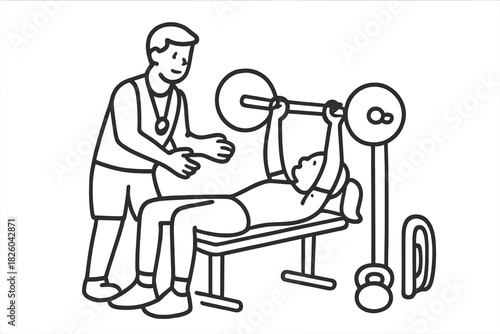 Personal trainer spotting a client performing a barbell bench press workout in a gym