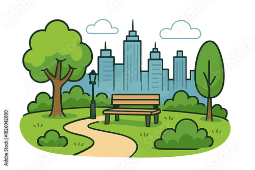 Urban park landscape featuring a wooden bench, green trees, and city skyline background