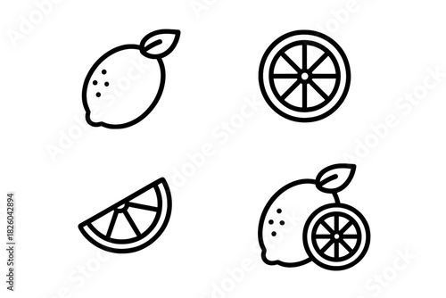 Minimalist black and white outline icons of fresh whole lemons and various slices
