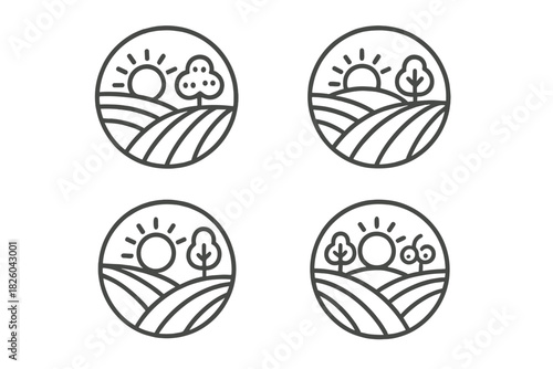 Simple black line icons of rolling farm fields, trees, and sun in a circular badge