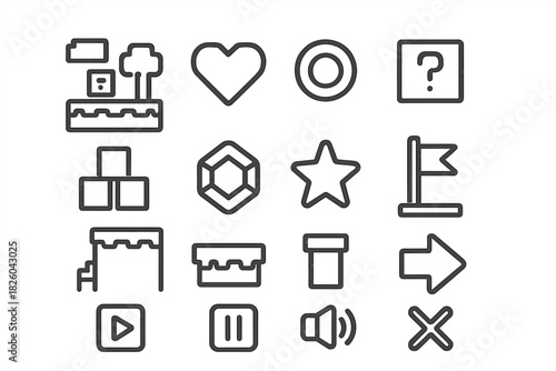 Outline icons set for video game interface elements and media controls