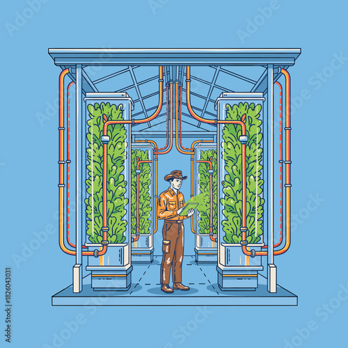 Future of Vertical Farming.Smart Hydroponic Greenhouse.Farmer Checking Indoor Crops.Sustainable Urban Agriculture.Modern Automated Farm System