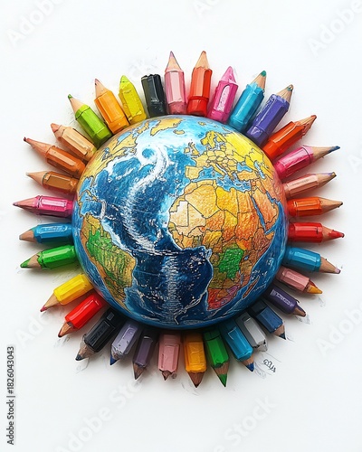 World globe color pencils education art drawing creativity school supplies learning earth geography artistic