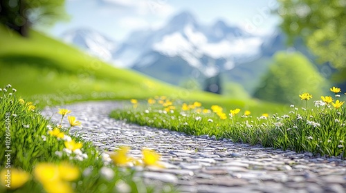 Fototapeta Naklejka Na Ścianę i Meble -  A winding stone path leads through a vibrant green meadow dotted with yellow and white wildflowers. In the background, lush green hills rise towards majestic, s