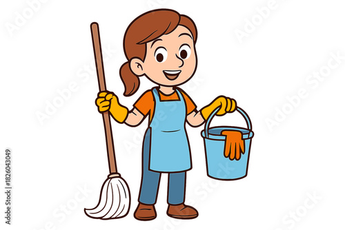 Cheerful female cleaner holding a mop and bucket wearing protective gloves and an apron