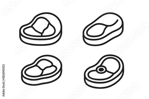 Minimalist black outline symbols depicting various raw beef and pork steaks