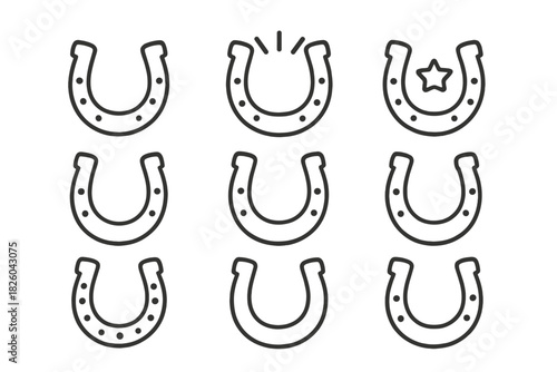 Nine different horseshoe icons set in outline style for luck and equestrian themes