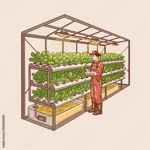 farmer tending green plants in greenhouse clip art preview