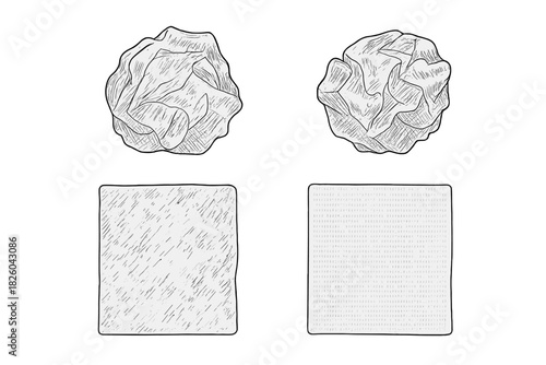 Crumpled and flat paper sheets with texture in detailed sketch style