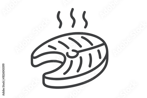 Black and white graphic depicting a hot grilled salmon steak portion with rising steam