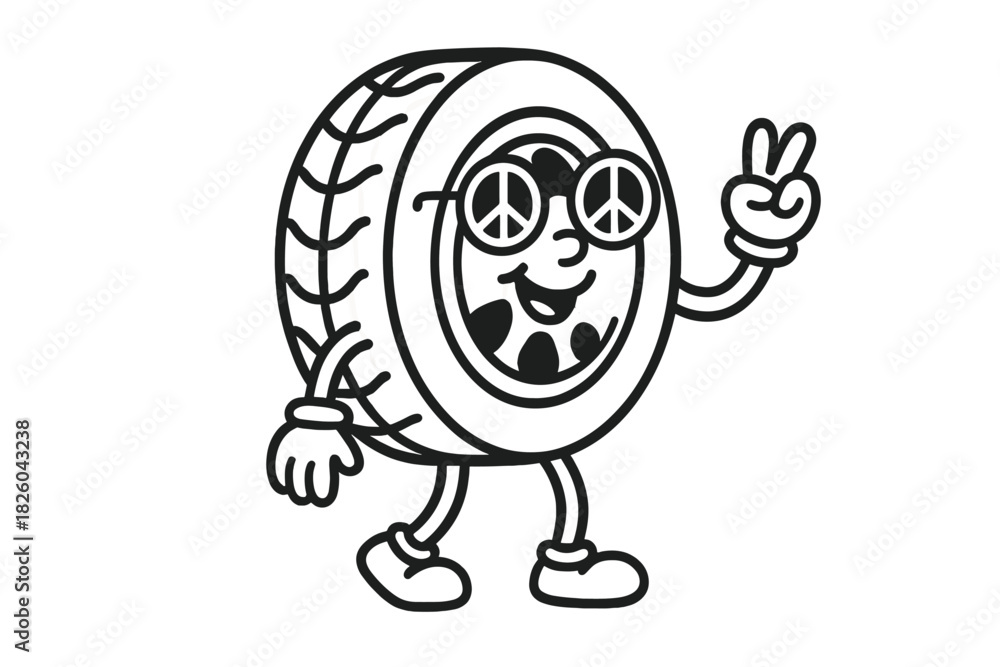 Obraz premium Retro cartoon tire mascot character wearing peace symbol sunglasses and showing the peace sign