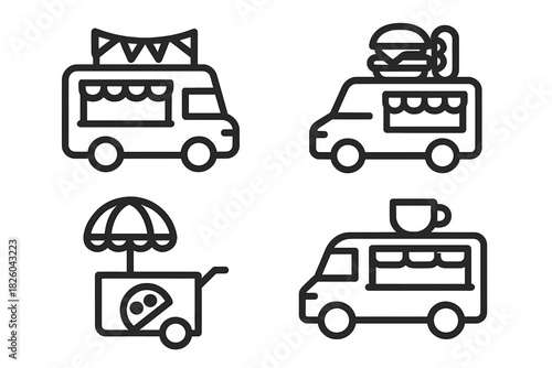 Mobile food service vehicles set including coffee trucks, burger vans, and snack carts