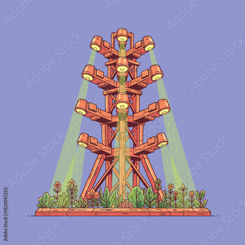 Giant Stadium Light Tower.Industrial Floodlight Vector Art.Retro Lighting Structure.Light Array and Urban Plants.Futuristic Overgrown Tower